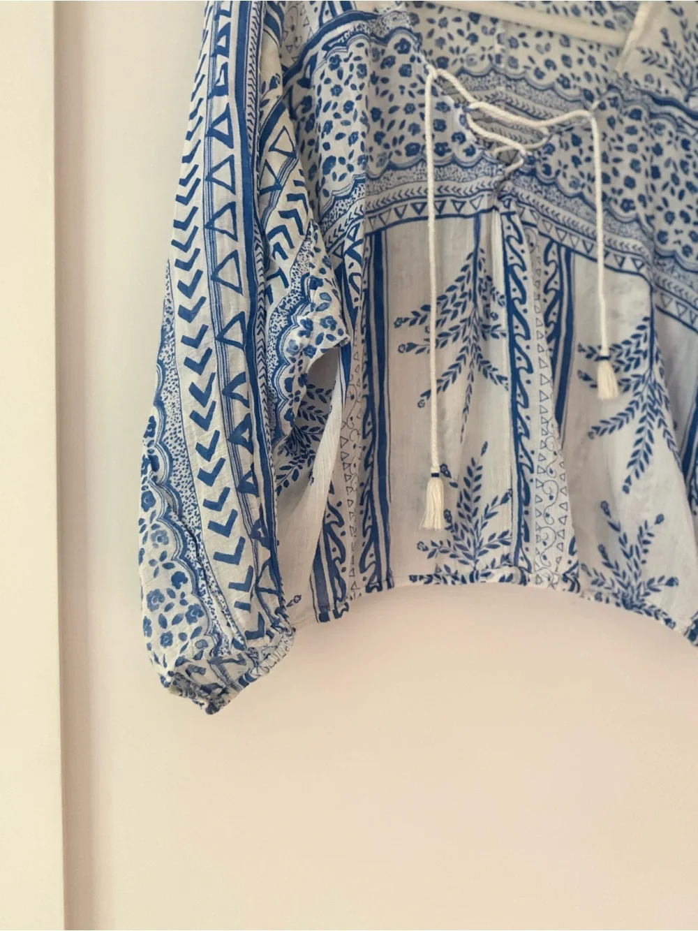 Free People Blue and White Lace-Up Printed Tunic